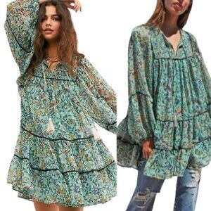 Anthropologie Free People Swinging Mini Dress Tiered Ruffled Long Sleeve Large